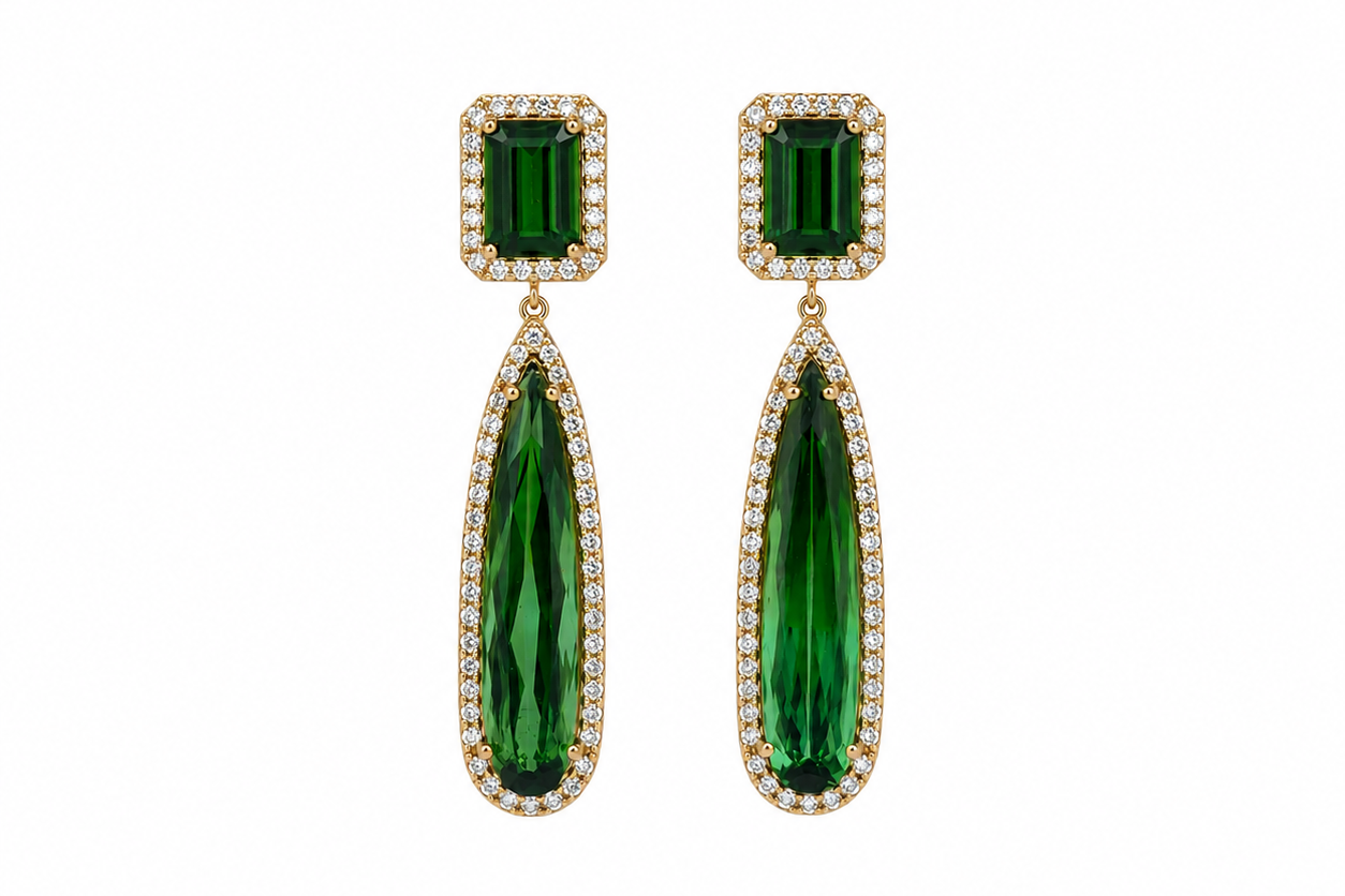 Earrings 18kt Gold Green Tourmaline and Diamonds