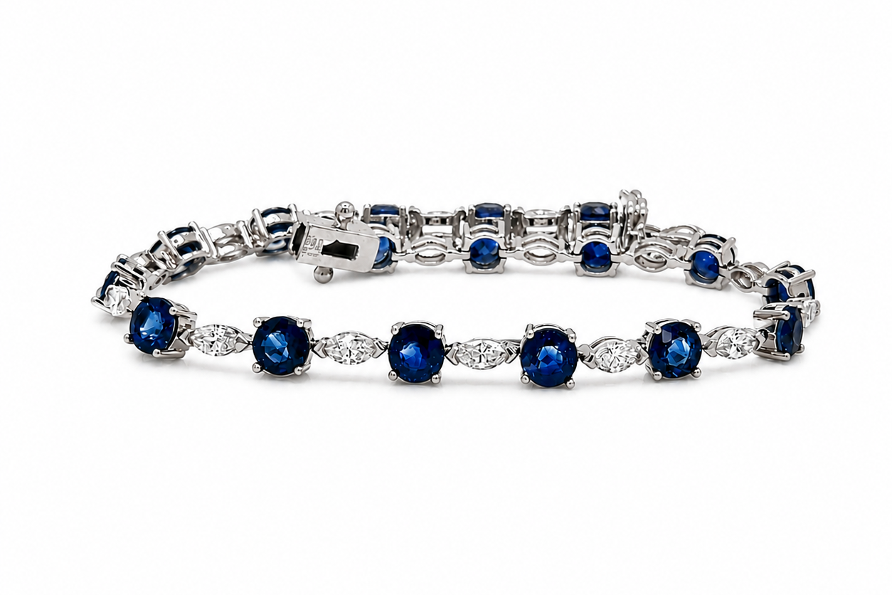 Bracelet 14kt Gold Round Ceylon Sapphires &amp; Marquises Diamonds