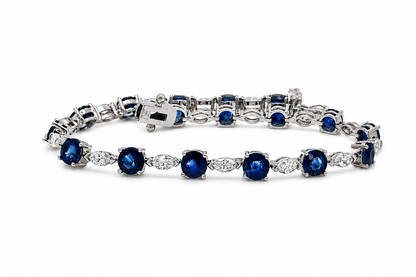 Bracelet 14kt Gold Round Ceylon Sapphires &amp; Marquises Diamonds