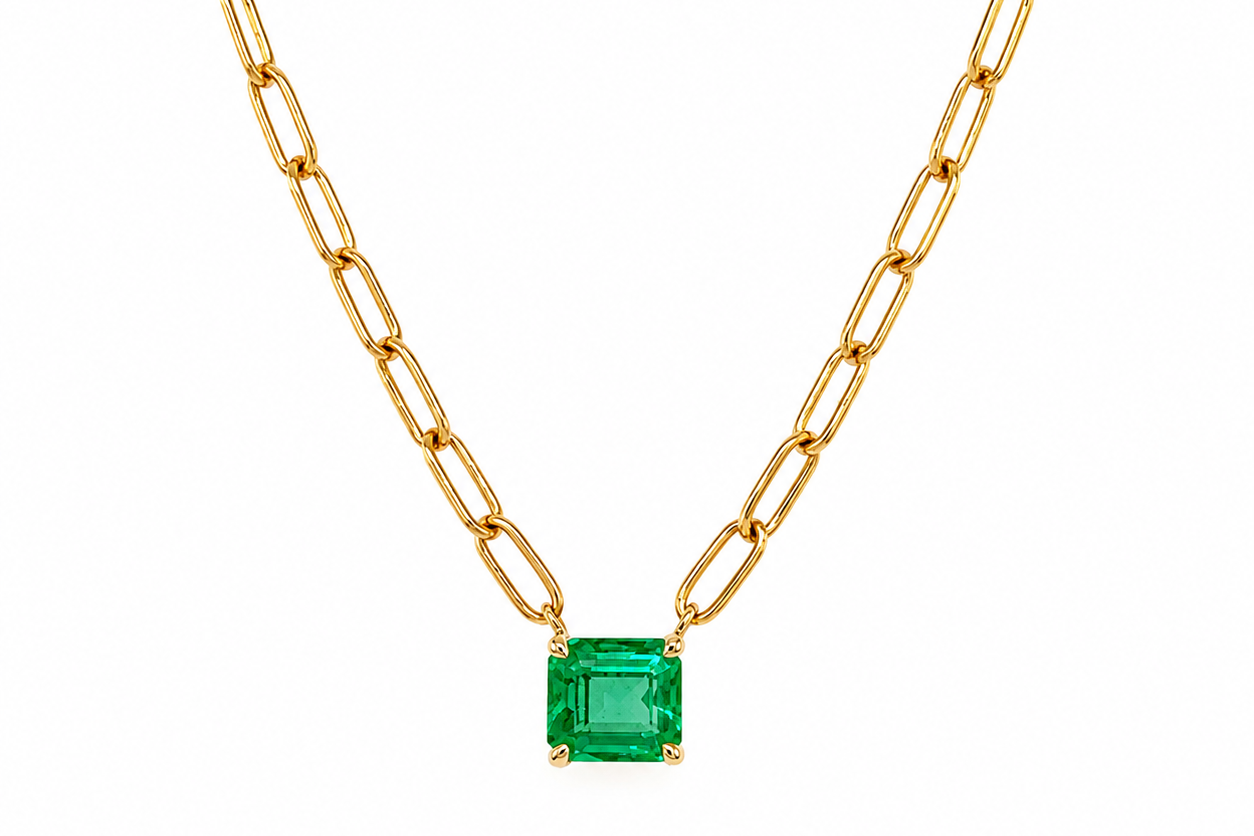 14k gold paper clip chain necklace with 0.54 ct natural emerald