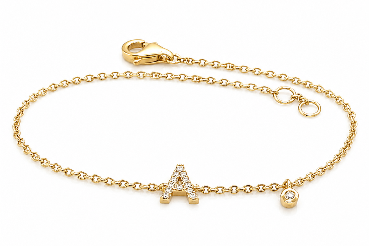 14kt yellow gold diamond initial bracelet on adjustable chain by Albert Hern for Diamond Tales