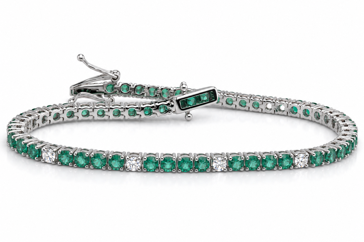 14kt white gold tennis bracelet with emeralds and diamonds by Albert Hern