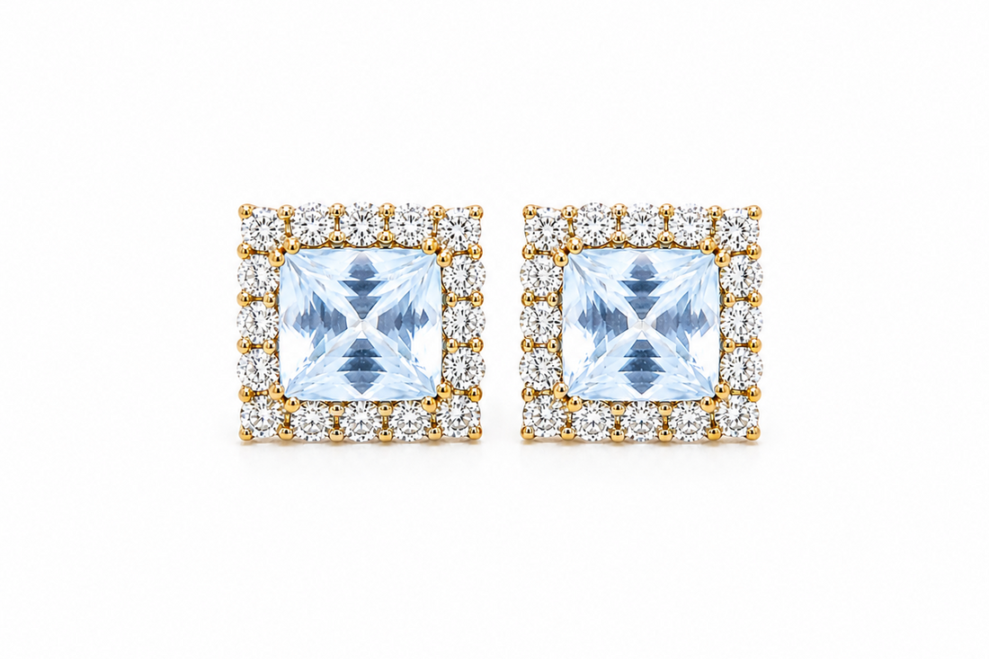 Earrings 14kt Yellow Gold Sapphires &amp; Diamonds Halo Studs