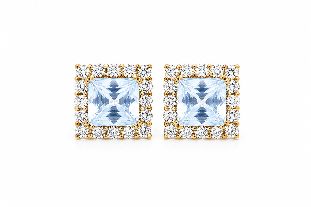 Earrings 14kt Yellow Gold Sapphires &amp; Diamonds Halo Studs