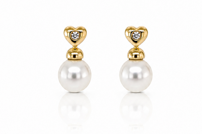 Earrings 18kt Yellow Gold Round Pearls &amp; Center Diamonds Hearts Studs