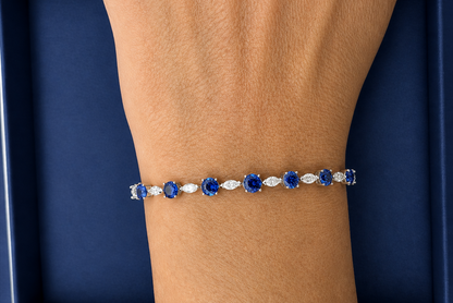 Bracelet 14kt Gold Round Ceylon Sapphires &amp; Marquises Diamonds