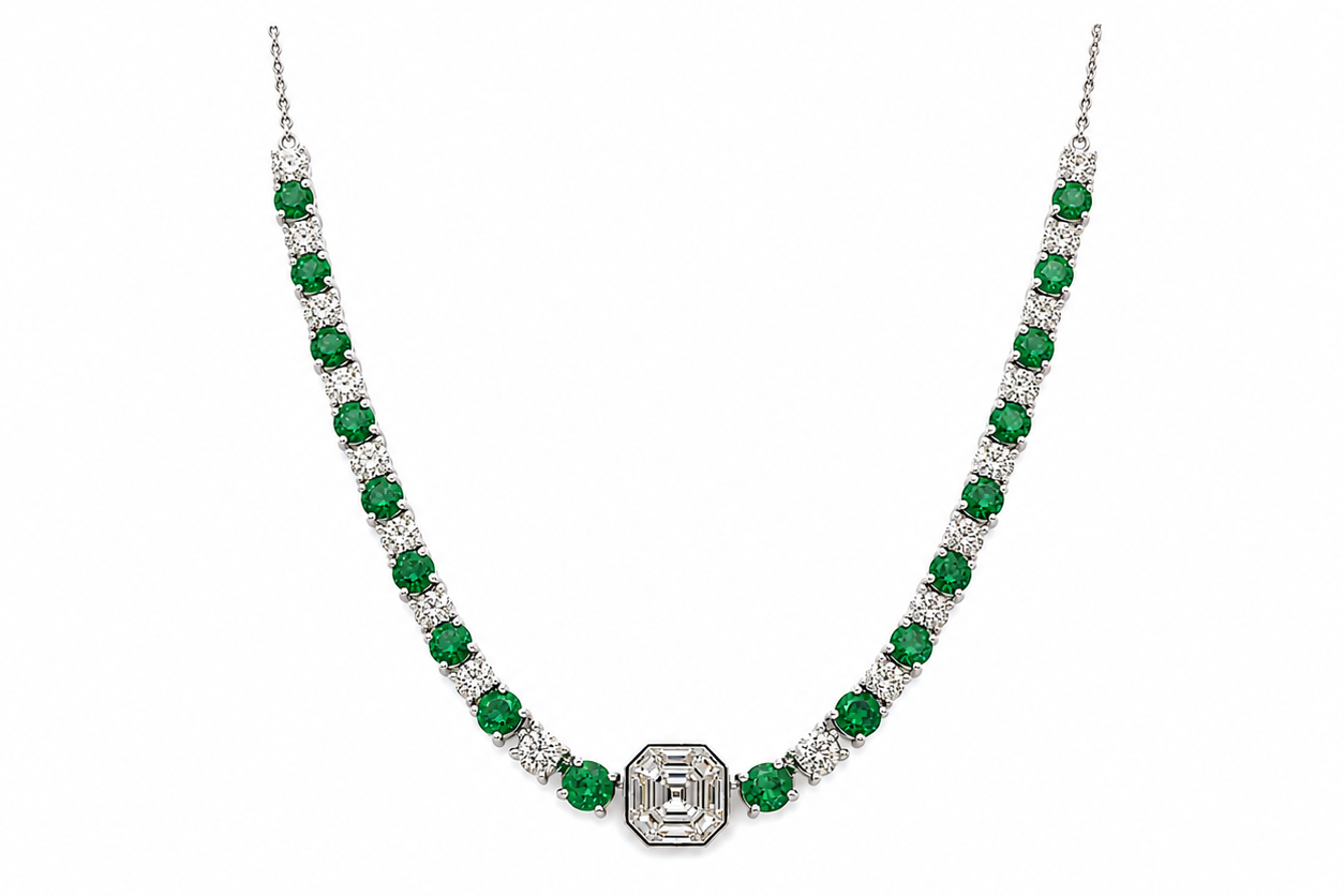 Necklace 14kt Gold Round Emeralds and Diamonds Tennis