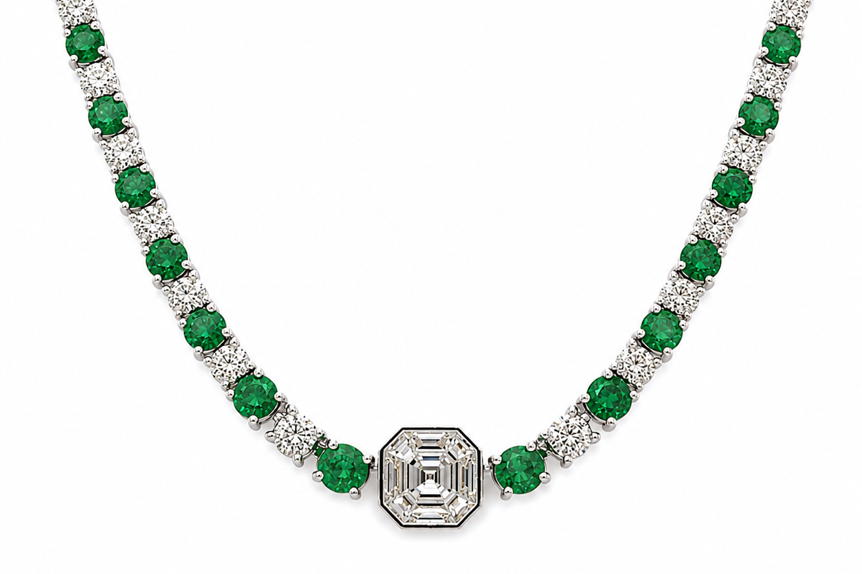 Necklace 14kt Gold Round Emeralds and Diamonds Tennis