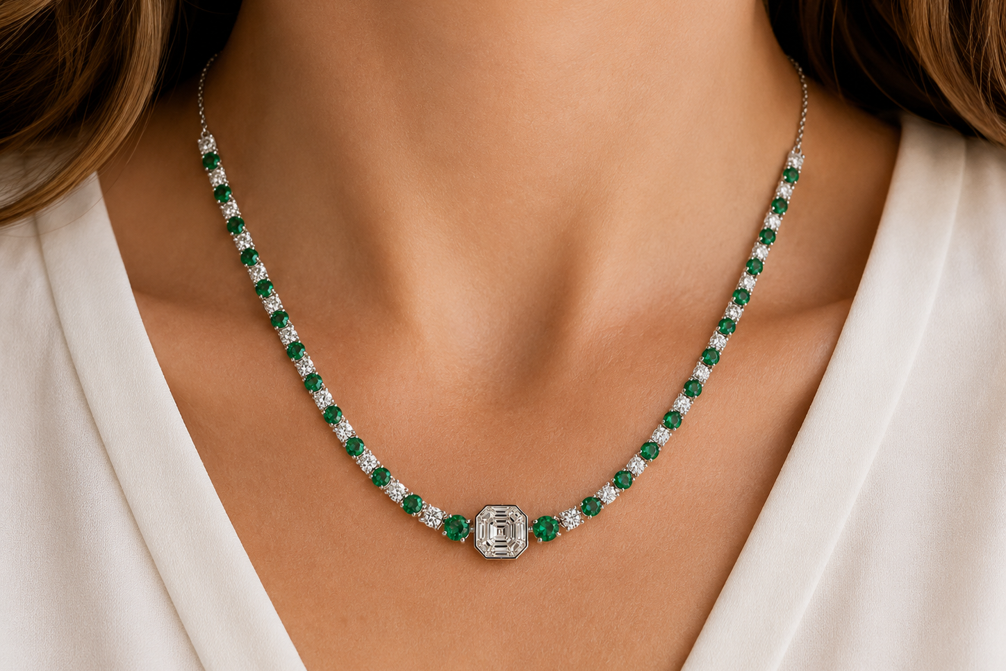 Necklace 14kt Gold Round Emeralds and Diamonds Tennis
