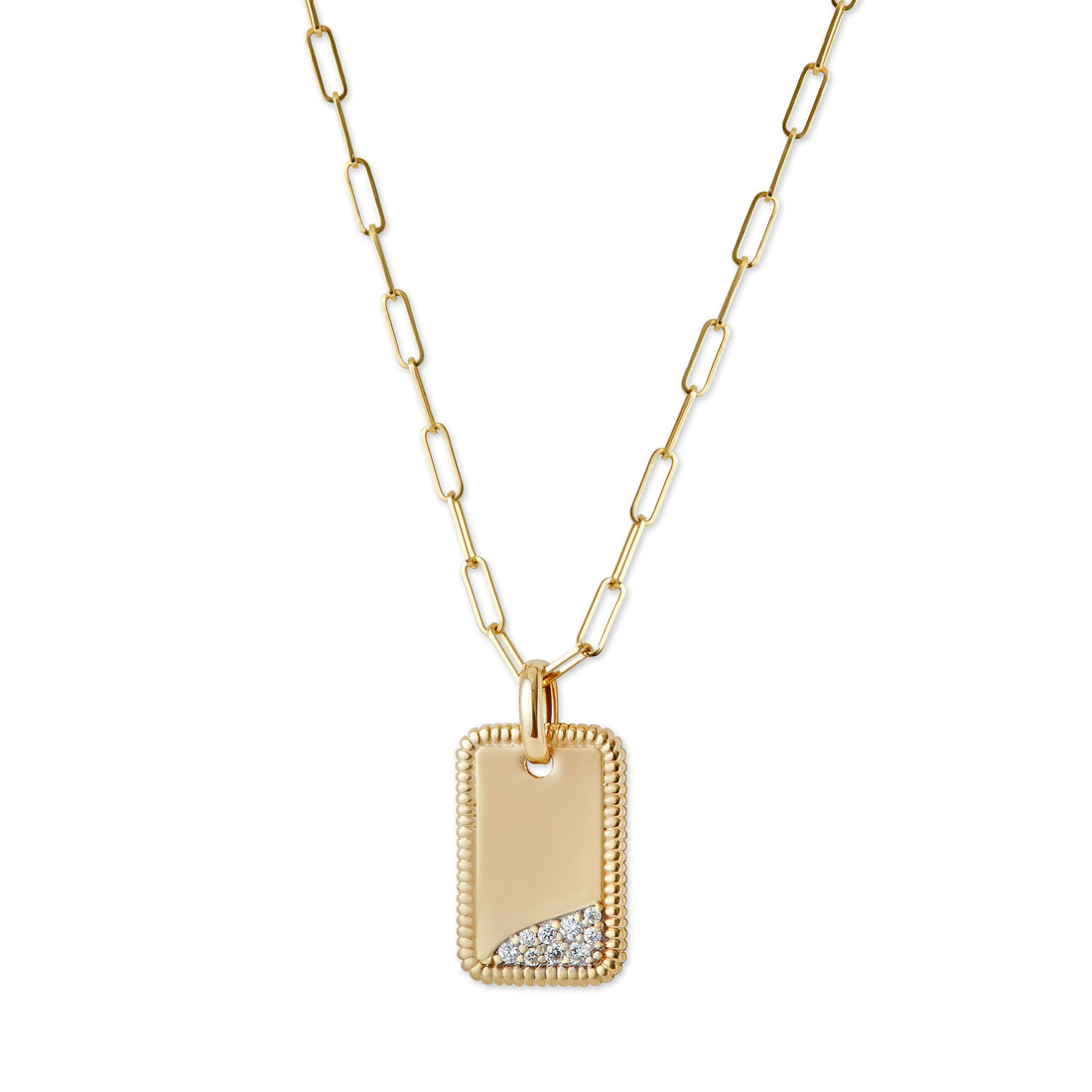 gold diamond dog tag on paperclip open link chain