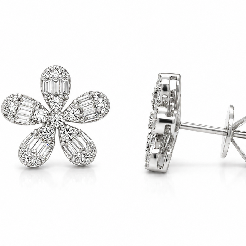 18k gold five petal flower diamond stud earrings with baguette and round diamonds