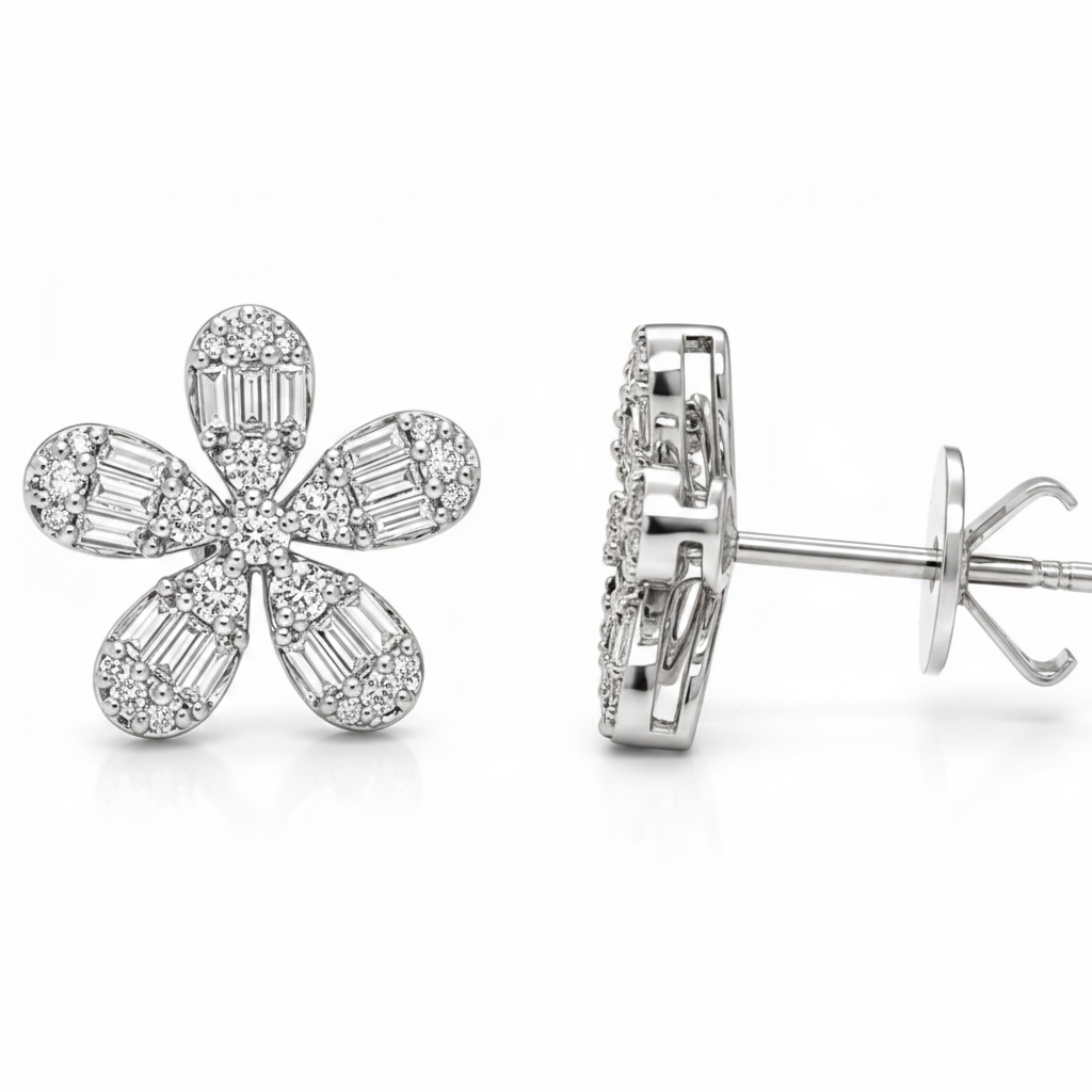 18k gold five petal flower diamond stud earrings with baguette and round diamonds