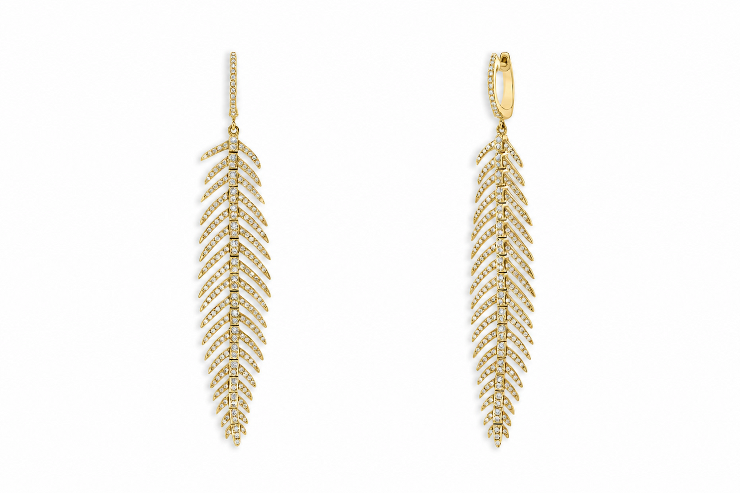 18k yellow gold feather drop earrings with 352 natural diamonds