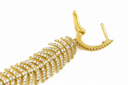 articulated diamond feather drop earring, detail view