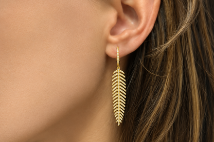 diamond feather earrings in 18k yellow gold, full length view