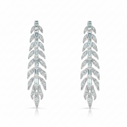 Leaf-shape drop earrings in 18k white gold with marquise and round diamonds by Diamond Tales