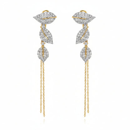 Leaf-shape drop earrings in 18k yellow gold with diamond pavé and long chain by Diamond Tales