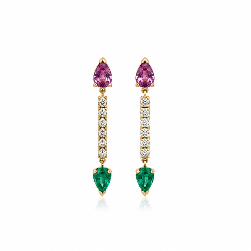 Pear-shaped emerald, purple sapphire and diamond drop earrings in 14k yellow and white gold