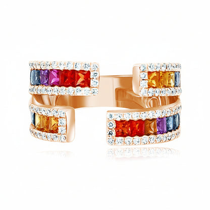 Multicolor double band open ring in 18k rose gold with multicolor sapphires and white diamonds by Diamond Tales
