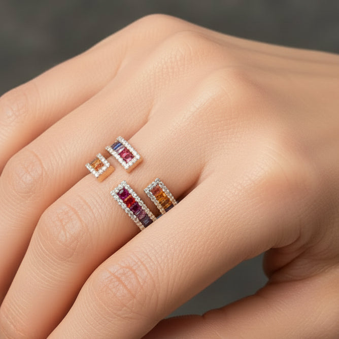 Multicolor double band open ring in 18k rose gold with multicolor sapphires and white diamonds by Diamond Tales