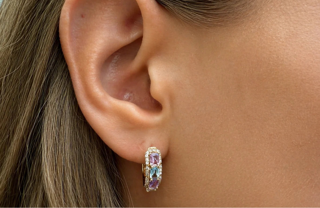 Multicolor sapphire and diamond hoop earrings in 18k yellow gold by Diamond Tales