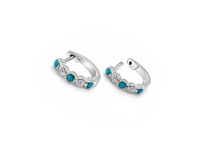 Earrings 14k Gold Mini Hoops with Turquoise and Diamonds
