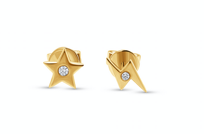 Mini Earrings 14k Gold Star and Ray Studs with Diamonds