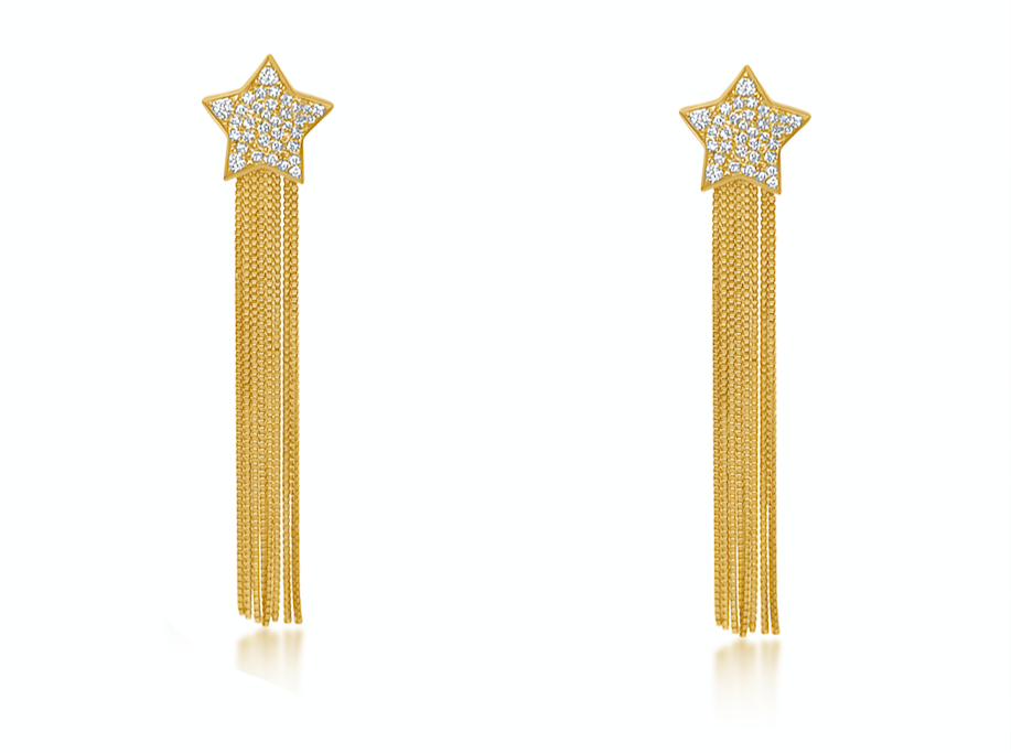 Earrings 14k Gold Star Studs with Diamonds and rain of Chains