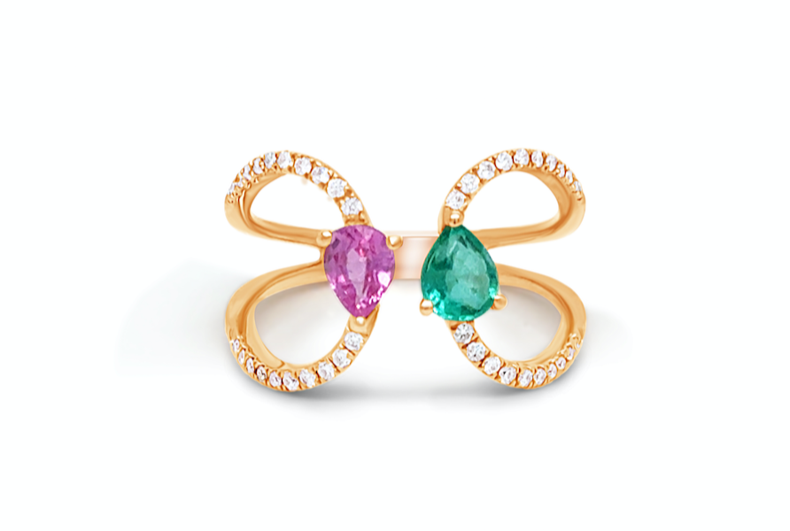 Ring 18k Rose Gold Open Pear Emerald and Sapphire with Diamonds