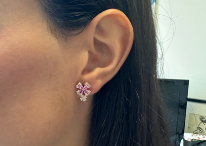 18k Yellow Gold Two Flowers Rubies &amp; Diamonds
