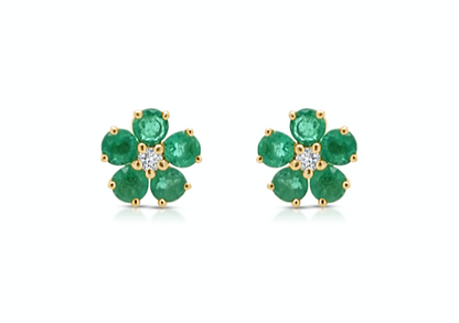 Earrings 14k Gold Flowers Emeralds &amp; Diamonds Studs