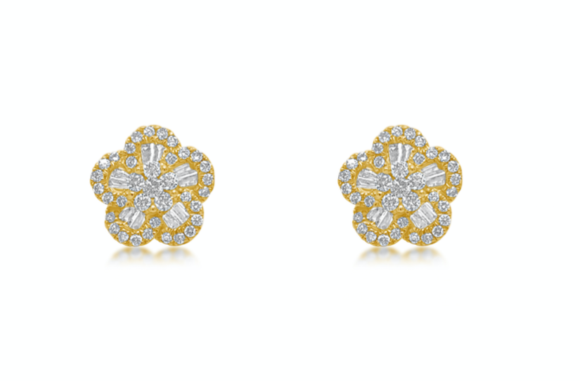 Earrings 18k Yellow Gold Flowers Baguette &amp; Round Diamonds