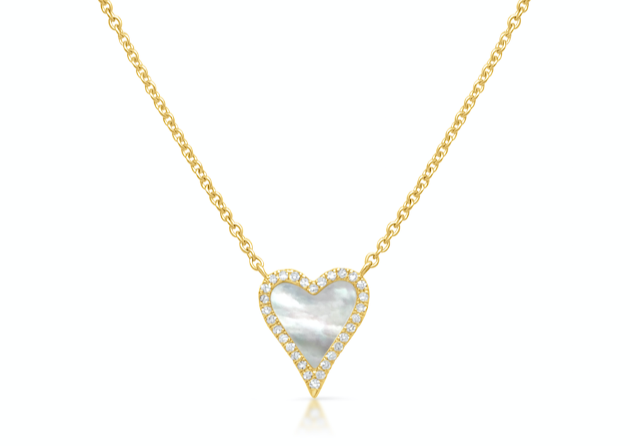 Necklace 14k Gold Mother of Pearl Heart and Diamond