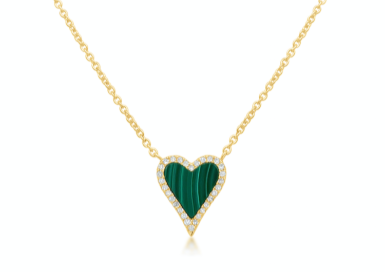 Necklace 14k Gold Malachite Heart and Diamond