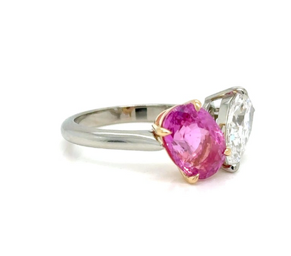 Ring 18k Gold GIA Pear Diamond and Oval Pink Sapphire