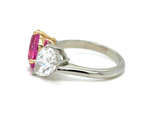 Ring 18k Gold GIA Pear Diamond and Oval Pink Sapphire