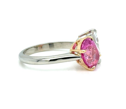 Ring 18k Gold GIA Pear Diamond and Oval Pink Sapphire