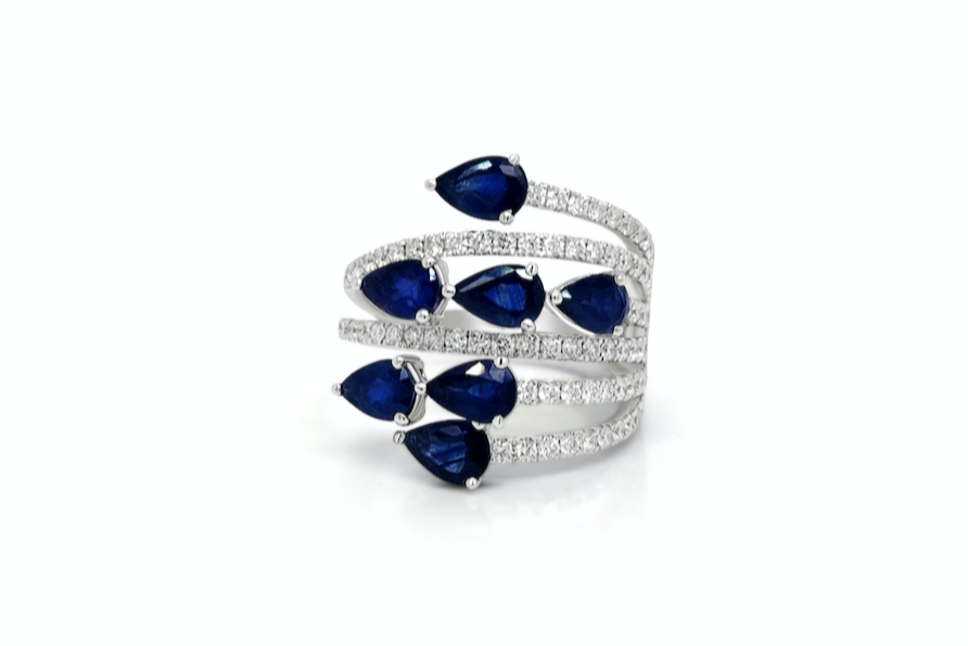 Ring 18k Gold Spring Pear Shape Sapphires 0.92cts &amp; Diamonds