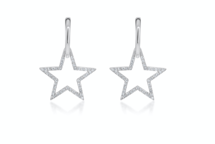 Earrings 14k White Gold Huggies Star &amp; Diamonds Drop