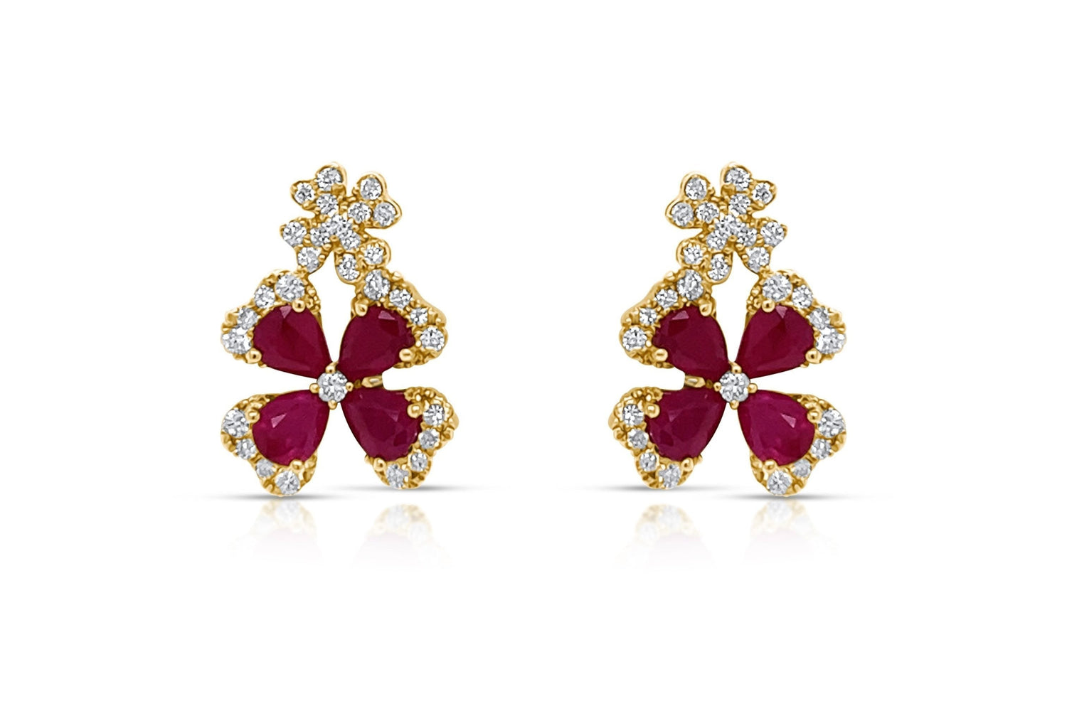 18k Yellow Gold Two Flowers Rubies &amp; Diamonds