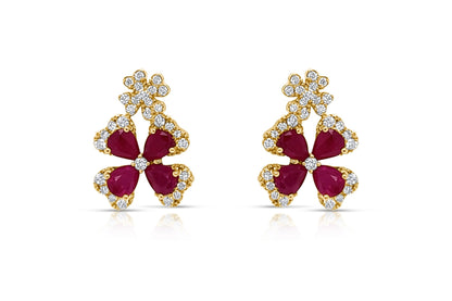 18k Yellow Gold Two Flowers Rubies &amp; Diamonds