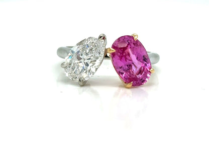 Ring 18k Gold GIA Pear Diamond and Oval Pink Sapphire