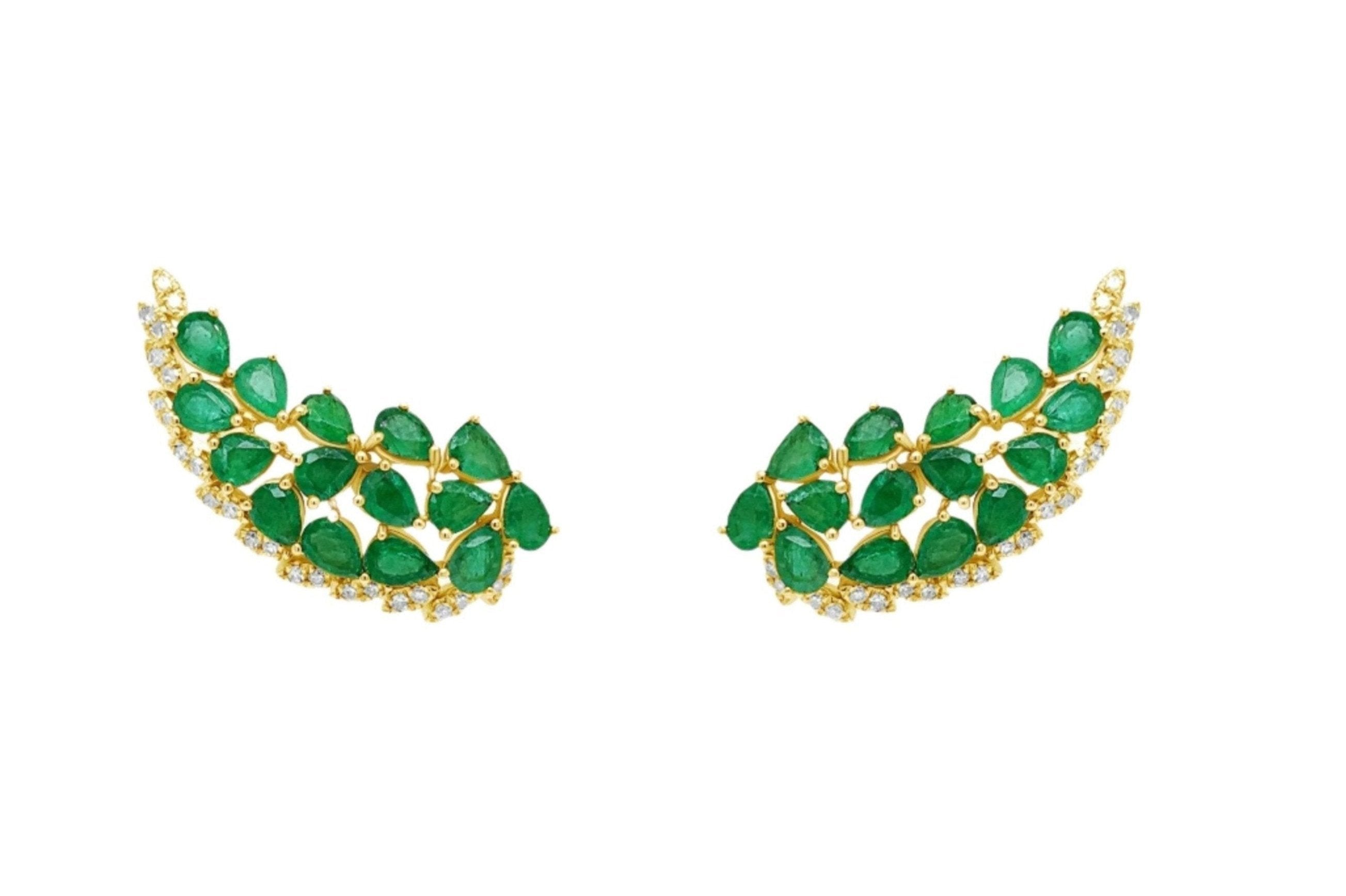 Earrings Wings 14k Yellow Gold Diamonds and Emeralds