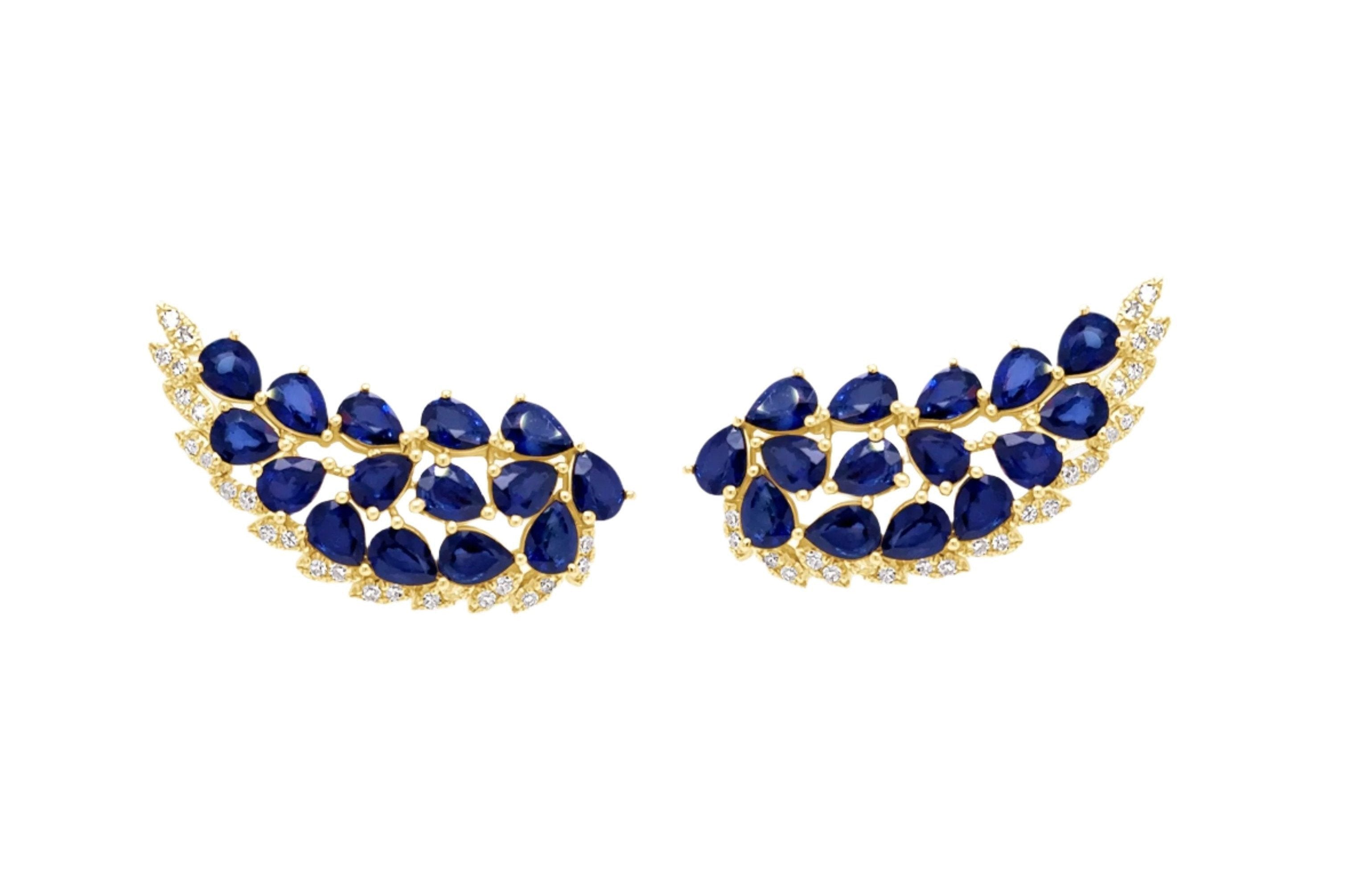 Earrings Wings 14k Yellow Gold Diamonds and Sapphires