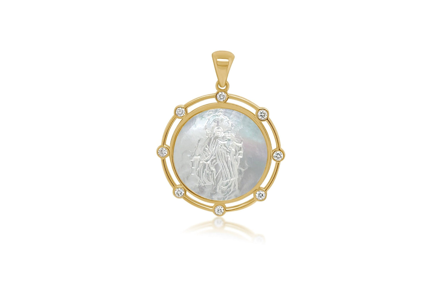 14k yellow gold medal pendant with mother of pearl and 0.14 ct diamonds