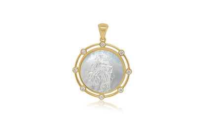 14k yellow gold medal pendant with mother of pearl and 0.14 ct diamonds