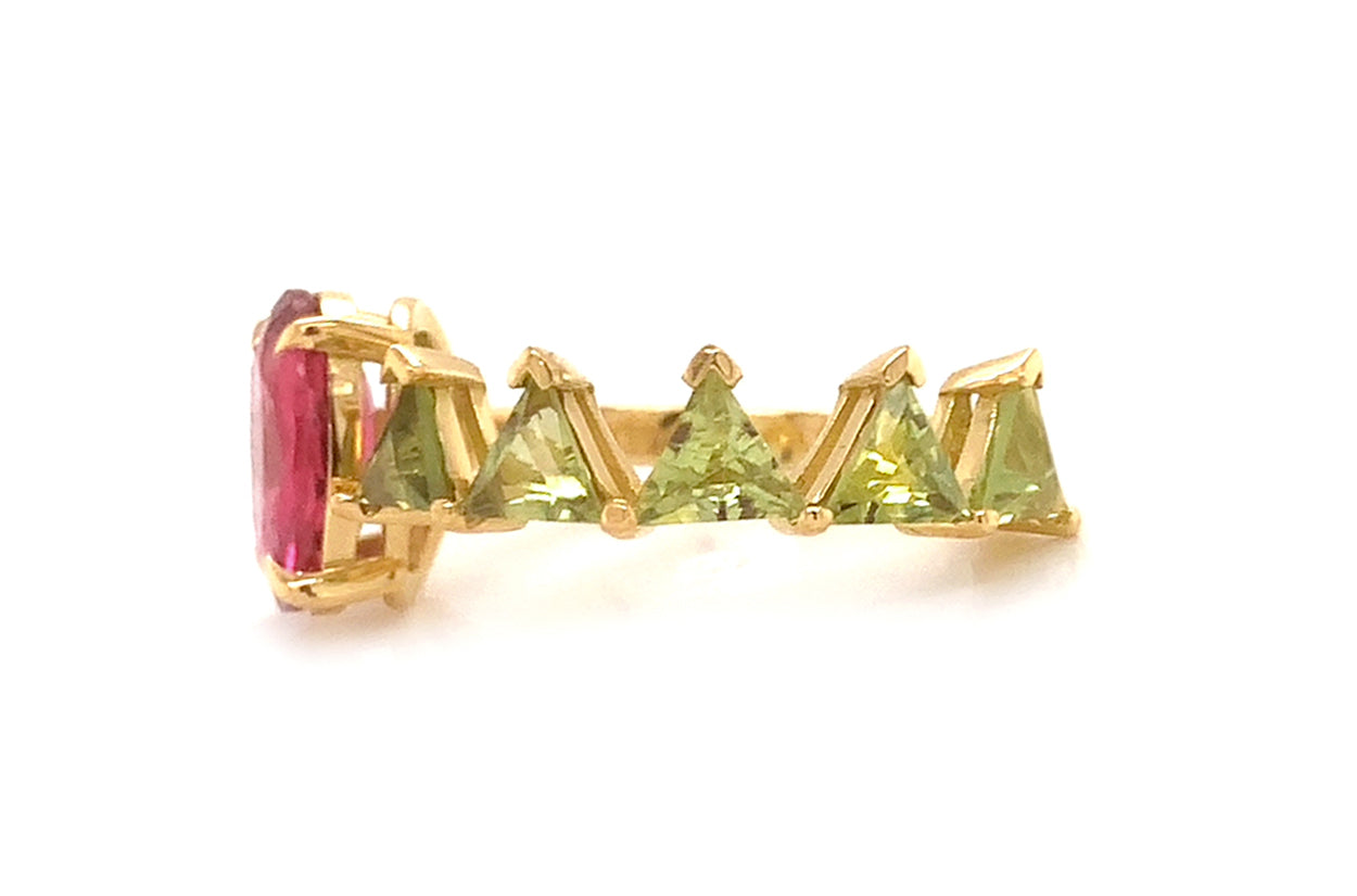 Ring 18kt Gold Oval Rubellite &amp; Green Sapphires