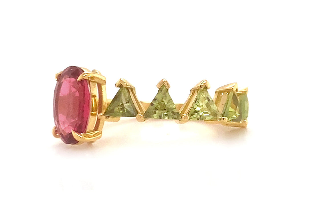 Ring 18kt Gold Oval Rubellite &amp; Green Sapphires