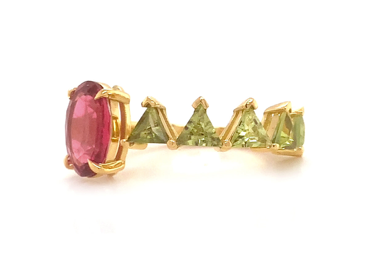 Ring 18kt Gold Oval Rubellite &amp; Green Sapphires