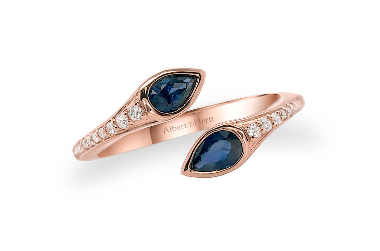 Ring 18kt Gold Two Stone Pear Sapphire &amp; Diamonds
